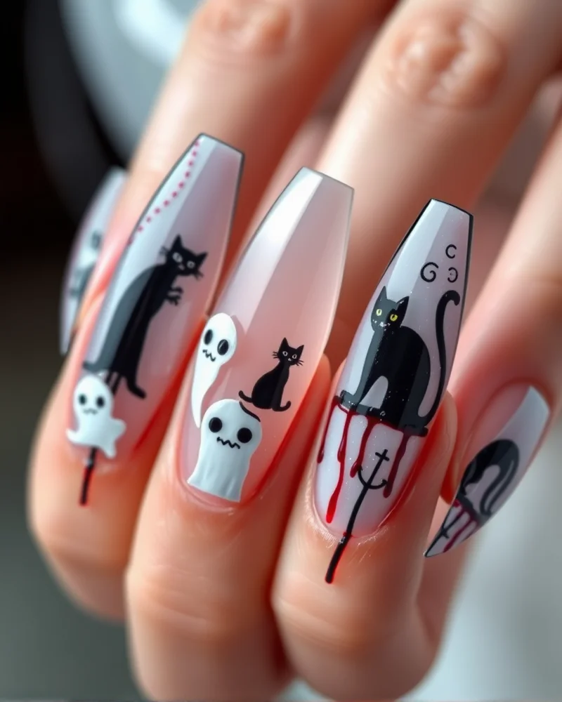 Trendy Halloween Nails 4 Close-up view of stiletto and coffin shaped nails with professional Halloween nail art