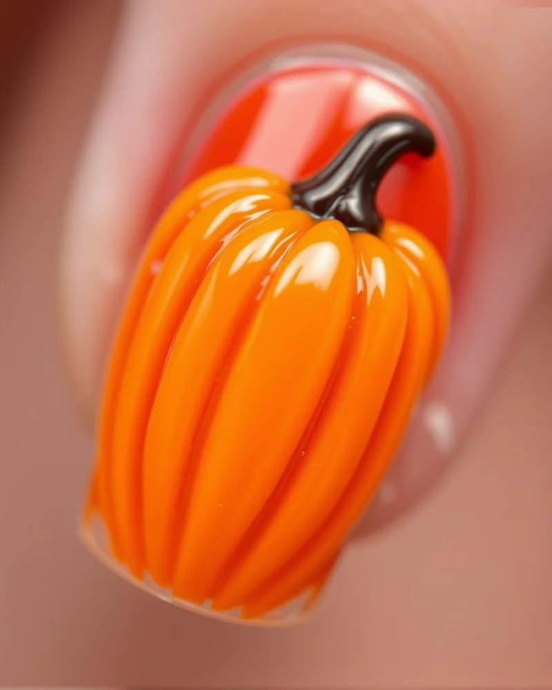 Fall Pumpkin Nail Designs 4 Close-up of a professional 3D embossed pumpkin nail design with detailed texture and glossy finish.