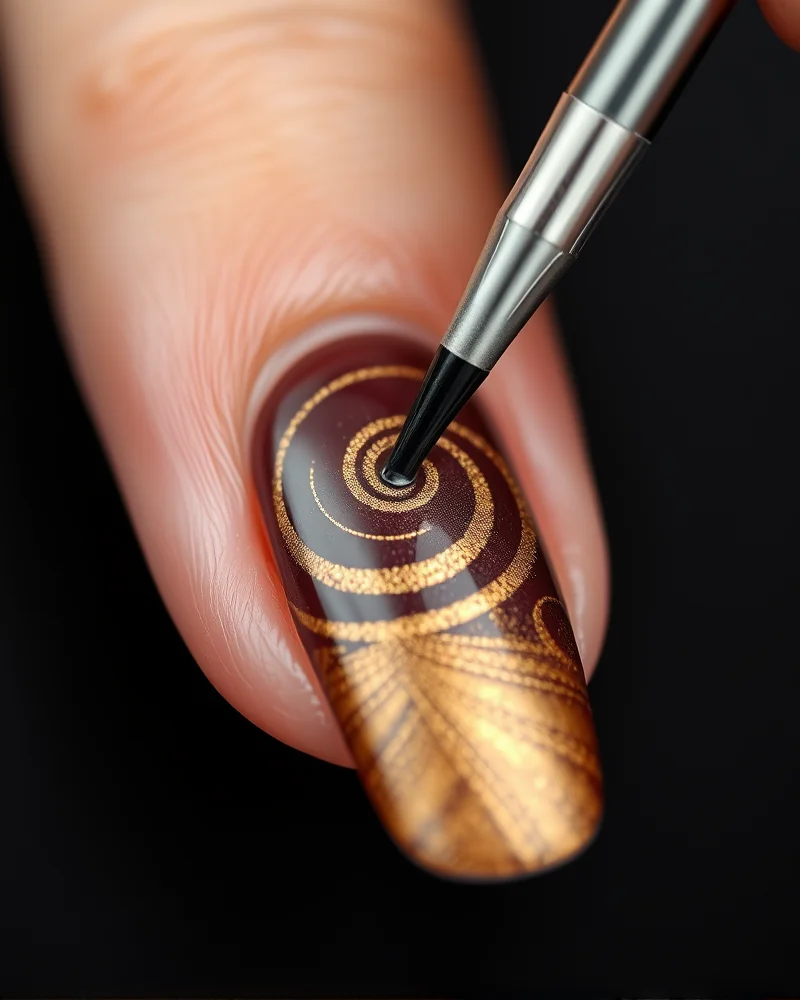 Close up view of creating 3D molten textured nail art using sculpting gel and a liner brush.