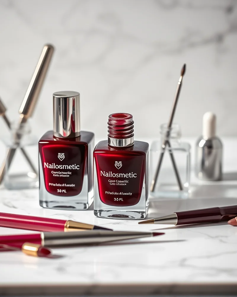 Fall Nails Red Burgundy 4 A professional setup for a salon-quality home manicure featuring high-pigment burgundy nail polish, base coat, and top coat by Nailosmetic on a marble surface.