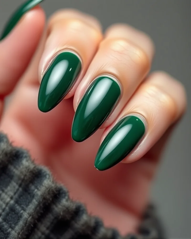 Close up of a perfect velvet cat eye nail design in emerald green for fall