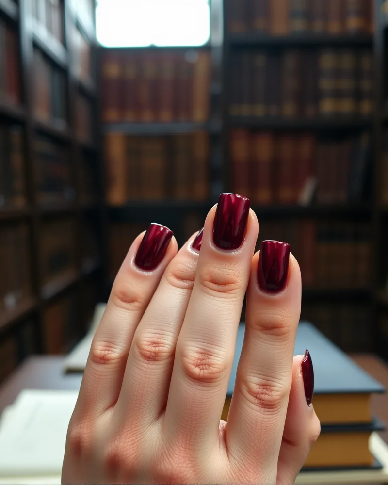September Nails Square 4 Close-up of square nails featuring dark academia colors like espresso and burgundy, emphasizing the sharp square shape and glossy seasonal aesthetic.