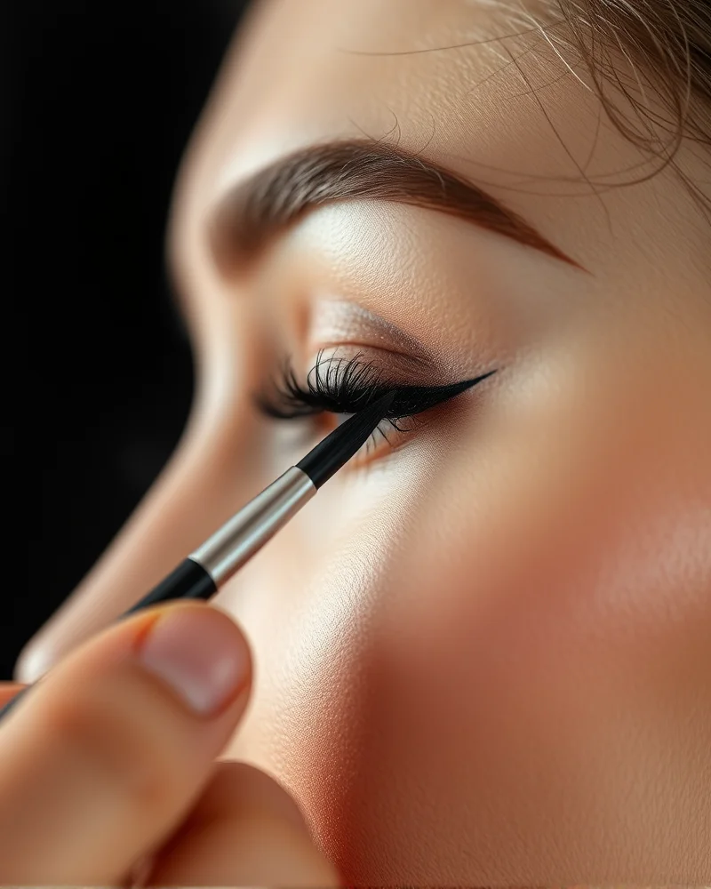 A close-up shot showing the detailed technique of drawing fine, realistic whisker strokes on the face using a professional liner brush for a bunny Halloween makeup look.