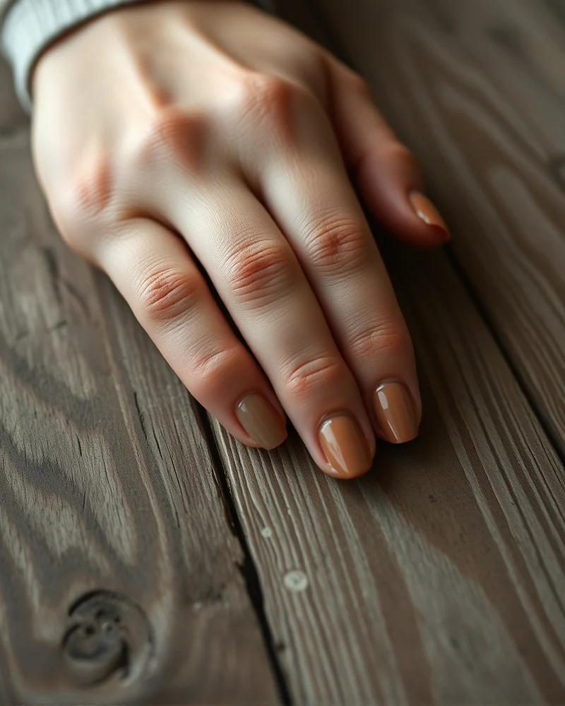 Close-up of fall nail color trends featuring mushroom grey, olive taupe, and terracotta-clay polish