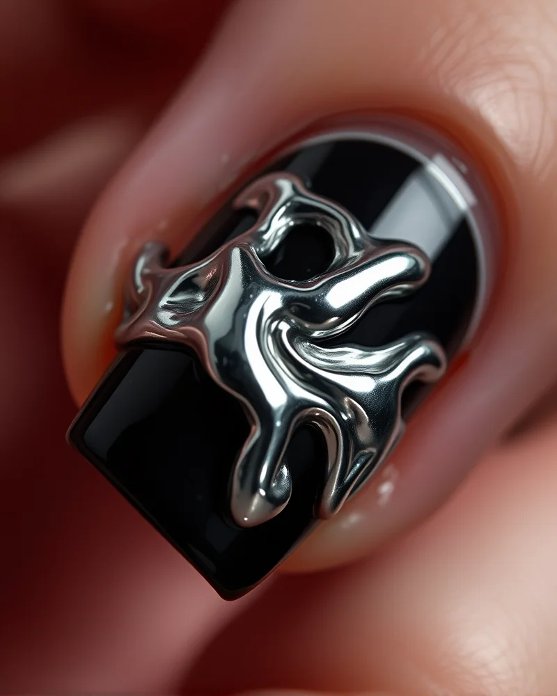 Close up of 3D liquid metal nail art with molten silver texture on a dark brown base, demonstrating the trend for September 2026.