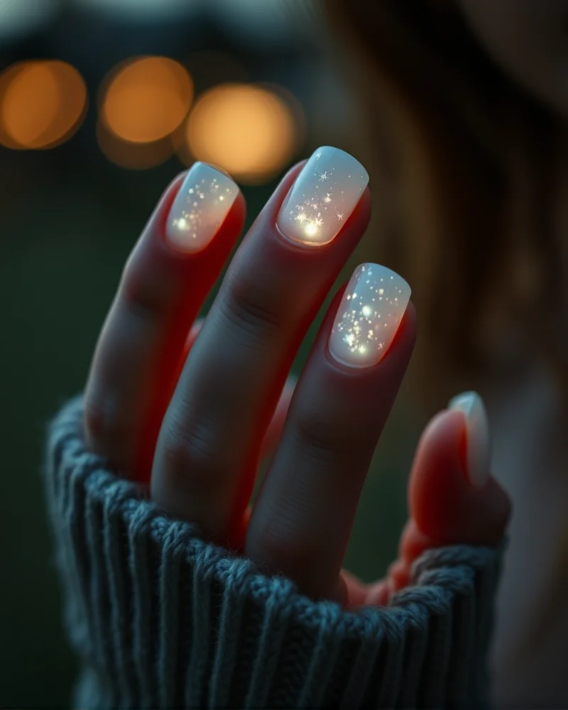 September 2026 Nails 4 Close-up of a Bio-Luminescent manicure with milky, sheer base coat and glowing particulates, showcasing the ethereal light-reactive trend for September 2026.