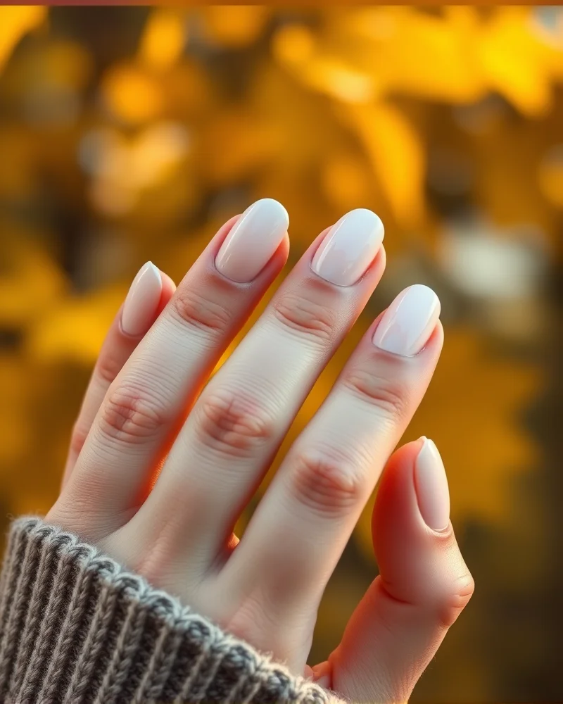 Classy Fall Nails 4 Close-up of elegant almond-shaped nails with a trendy lip oil glazed finish, showing off a pearlescent, high-shine manicure ideal for a classy autumn aesthetic.