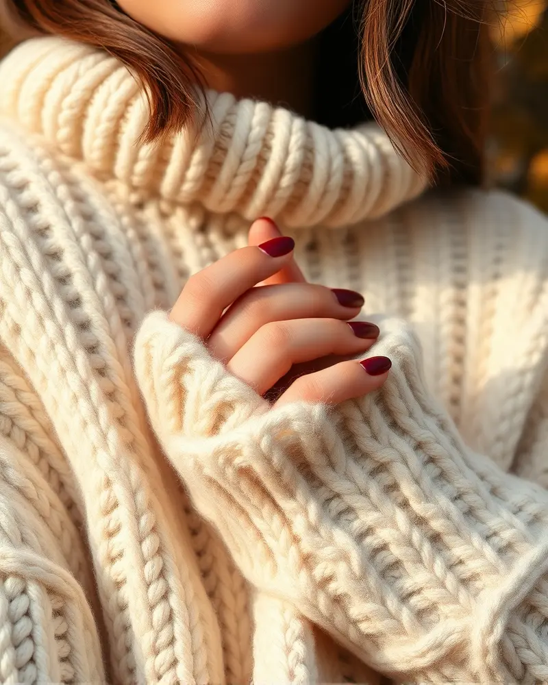 Cute Nails for Fall 4 Close-up of almond-shaped fall nails wearing a cozy knit sweater
