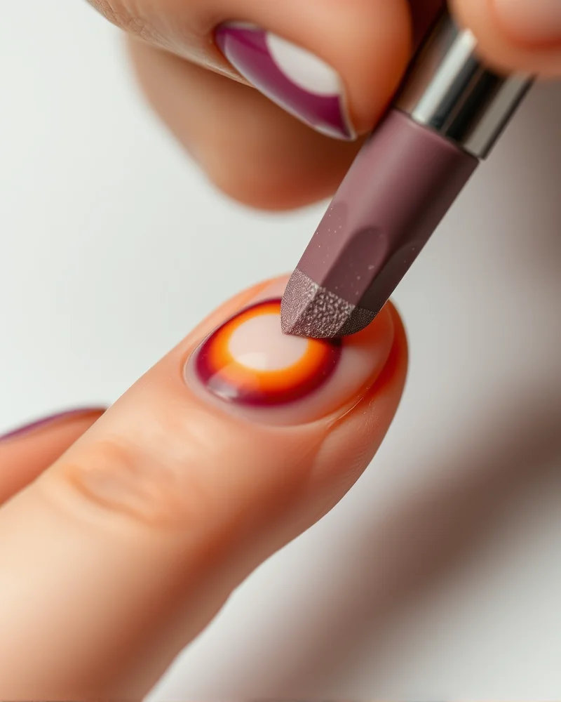 Fall Aura Nails 4 A professional manicurist using a sponge technique to create a smooth, diffused aura gradient on a fall-themed nail.
