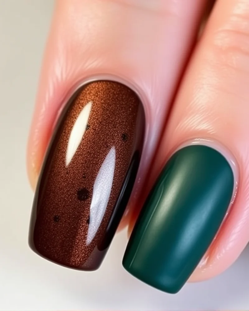Close-up of transitional autumn nails featuring chocolate glazed chrome and matte forest green finishes.