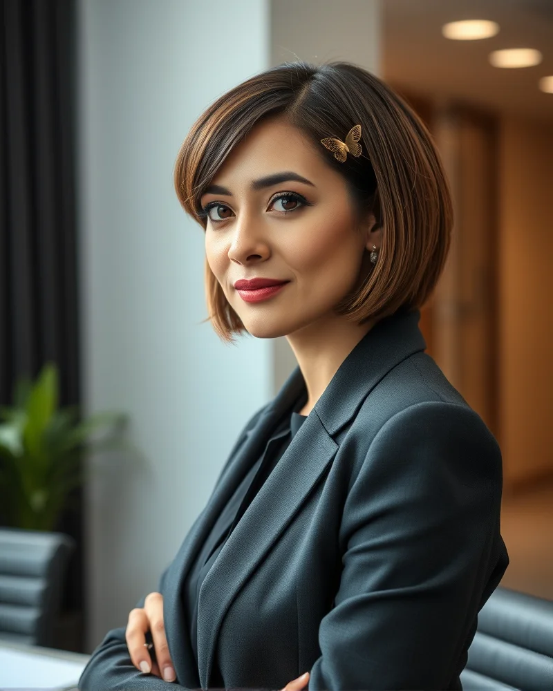 A professional woman with a short bob hairstyle wearing a minimalist gold butterfly clip in an office setting.