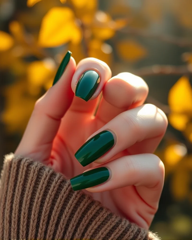 Fall Nail Colors 2026 4 Close up of a velvet texture cat-eye manicure in forest green showing the 2026 fall nail trend with metallic pigment depth and glossy finish.