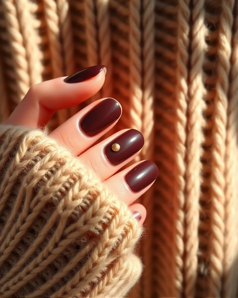 Fall Themed Nails Simple 4 Simple fall nail art featuring dark brown polish with gold foil accents on a person wearing a beige knitted sweater.
