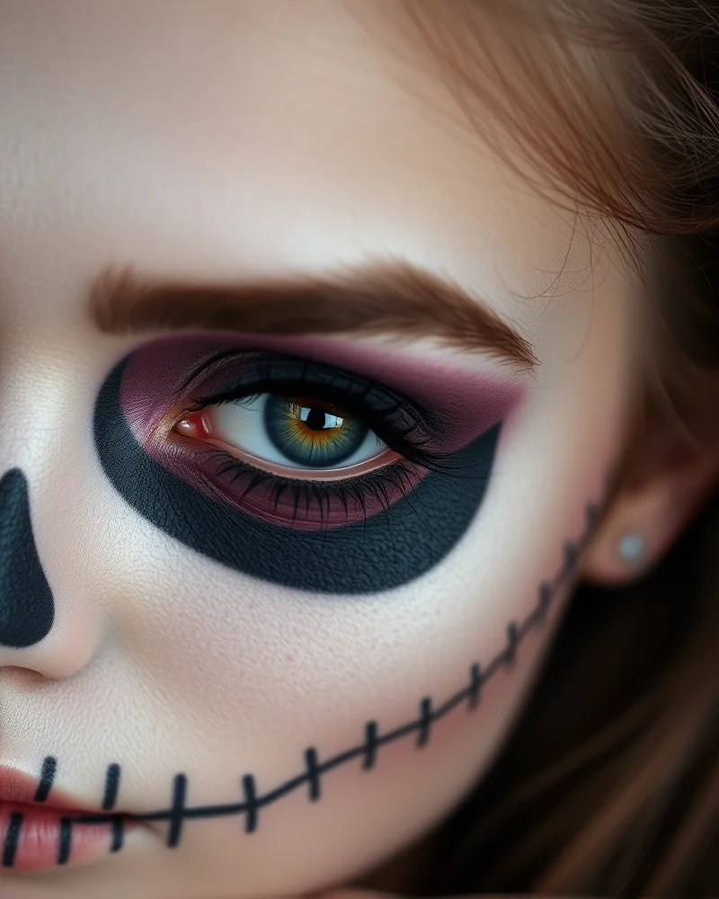 Close up of spooky cute skull makeup featuring soft-edged black eye contouring and whimsical aesthetic.