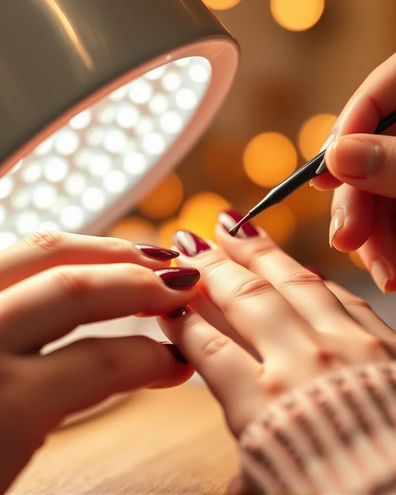 Fall Gel Nails 4 Close-up of a professional gel nail application process at home using thin layers and high-quality LED lamp equipment for a perfect fall manicure.
