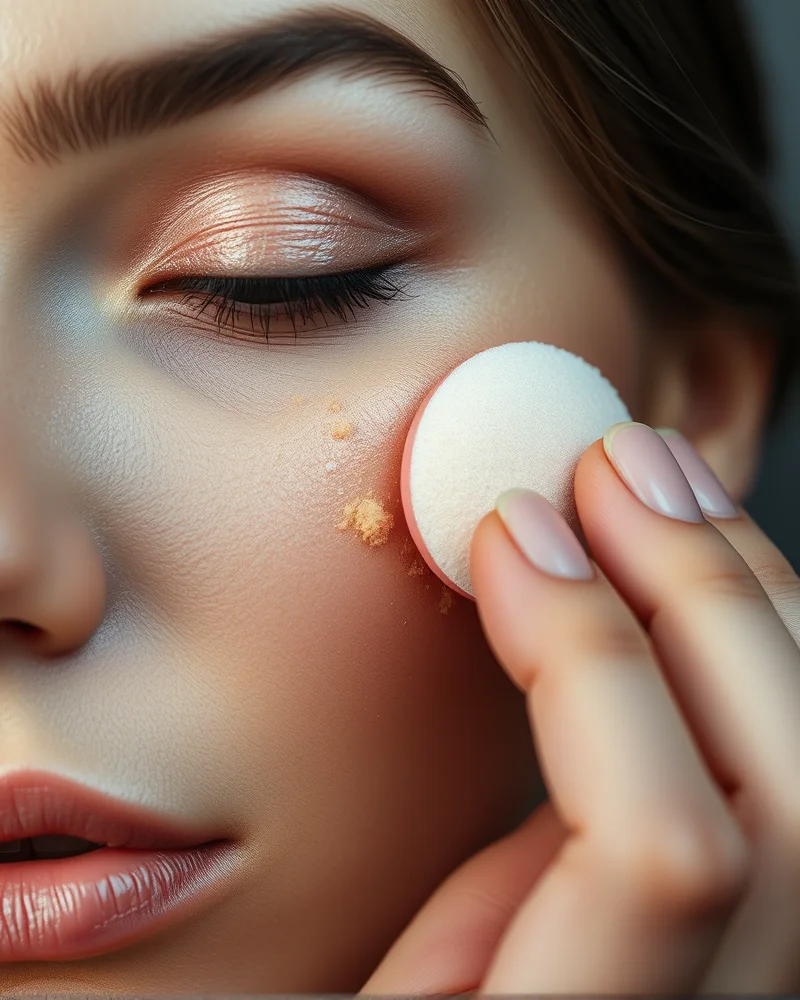 Professional makeup artist demonstrating the stippling technique with a beauty sponge on porcelain-toned skin for a flawless makeup finish.