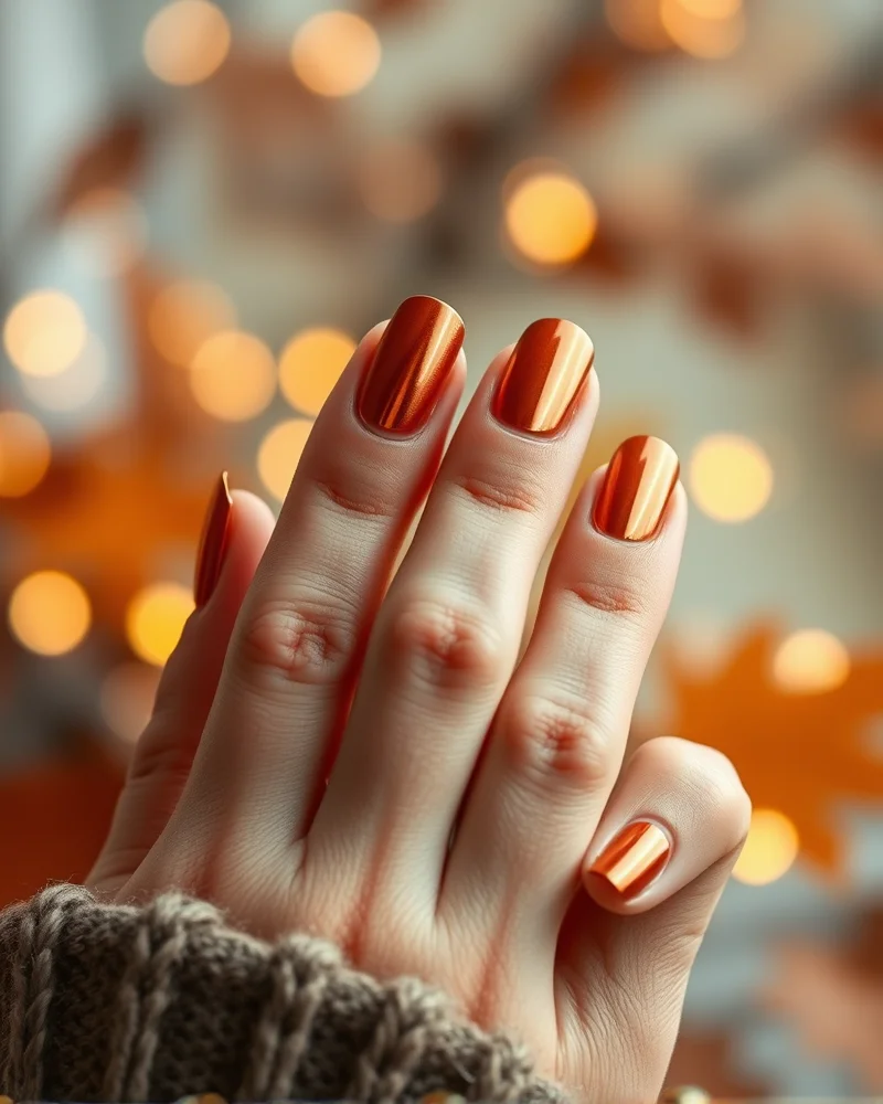 Classy Fall Nails 5 Minimalist fall nail art featuring thin metallic copper French tips and gold leaf accents.