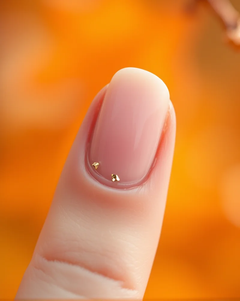 Cute Nails for Fall 5 Close up of minimal fall nail art featuring gold leaf accents on a nude base polish, showcasing a clean and elegant seasonal manicure design.