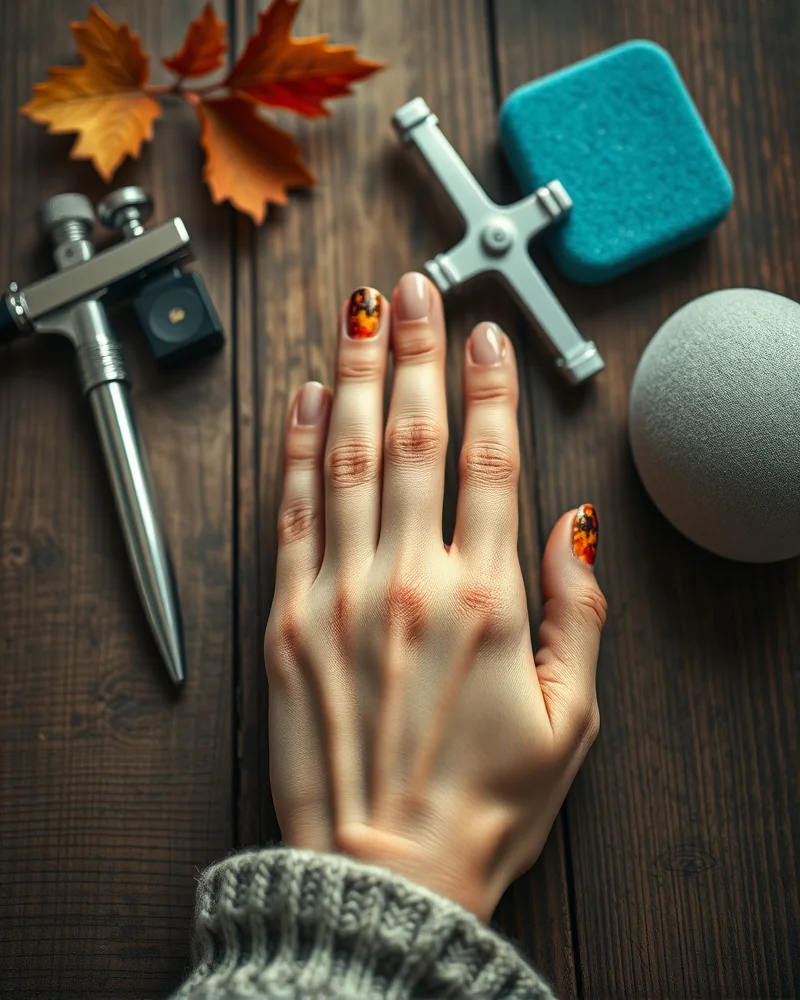 Fall Aura Nails 5 Professional nail technician tools including makeup sponges and gel polish brushes used to create autumn fall aura nail designs for a salon client.