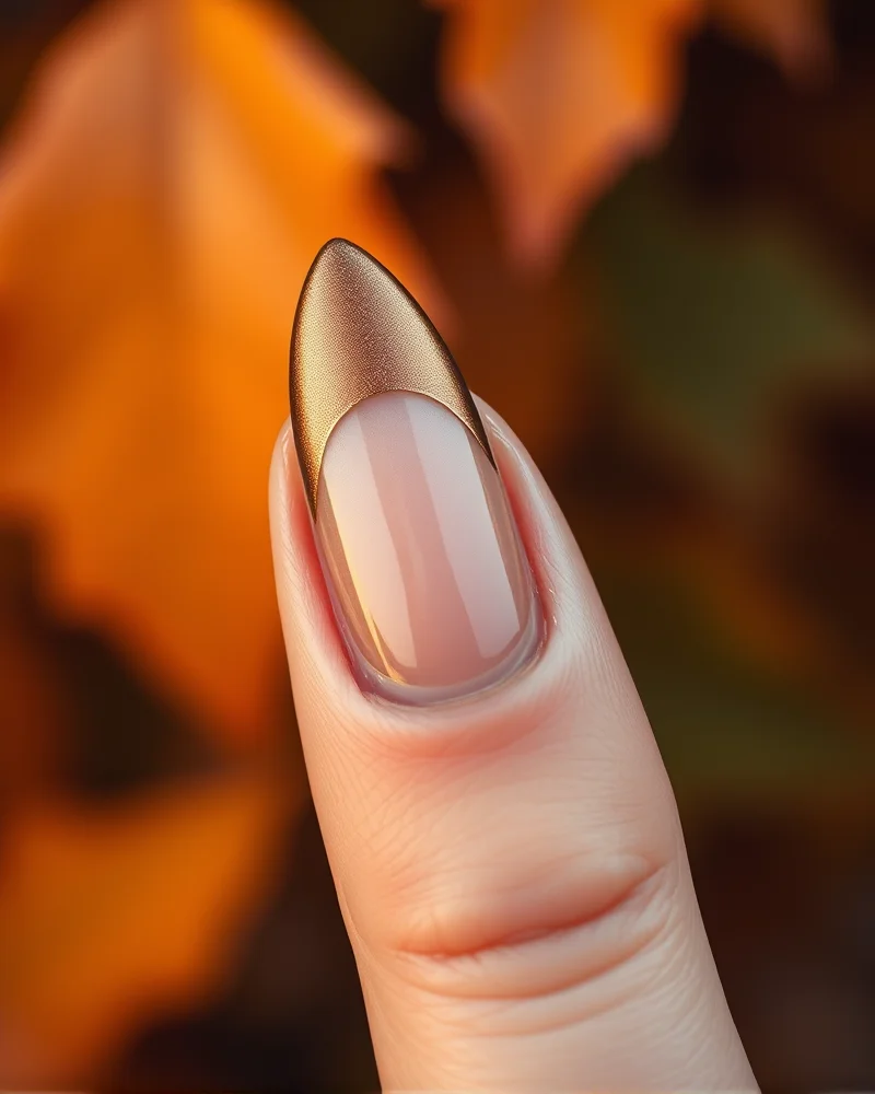 Close up of long almond-shaped nails with minimalist fall-themed micro French tips and gold line art designs.