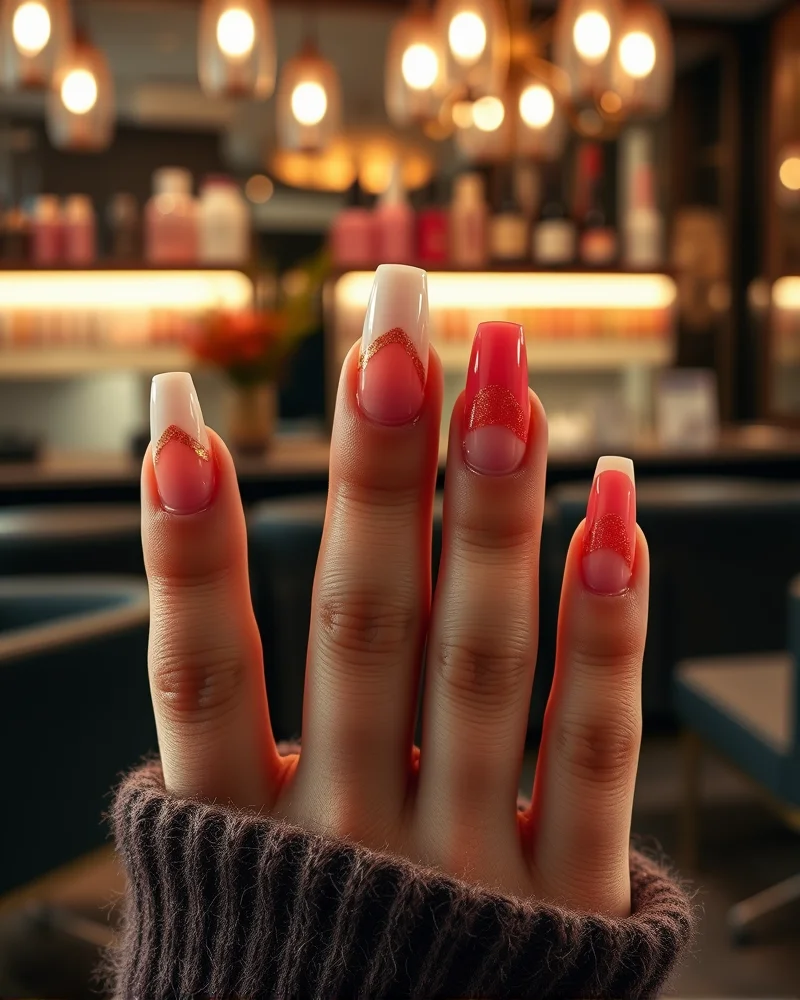 Comparison of different nail shapes for fall french tip manicures including almond, square, coffin, and stiletto styles.
