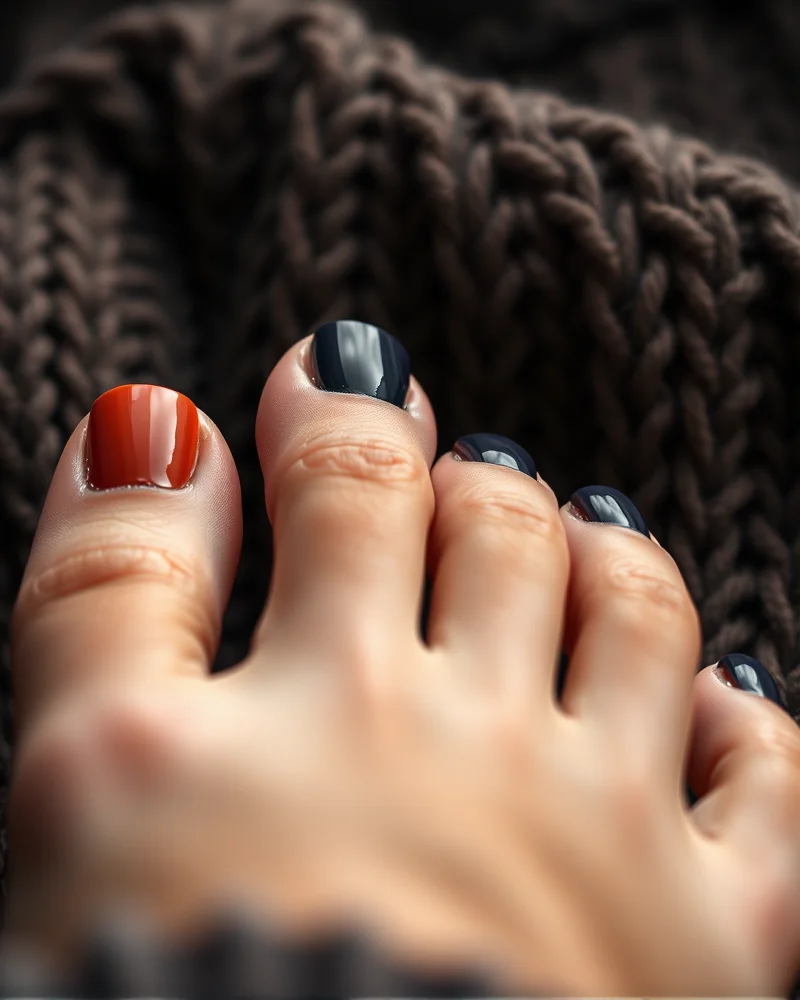 Fall Pedicures 5 A curated collection of fall pedicure shades including terracotta, deep navy, and plum, displayed on various skin tones to showcase flattering color combinations for the autumn season.