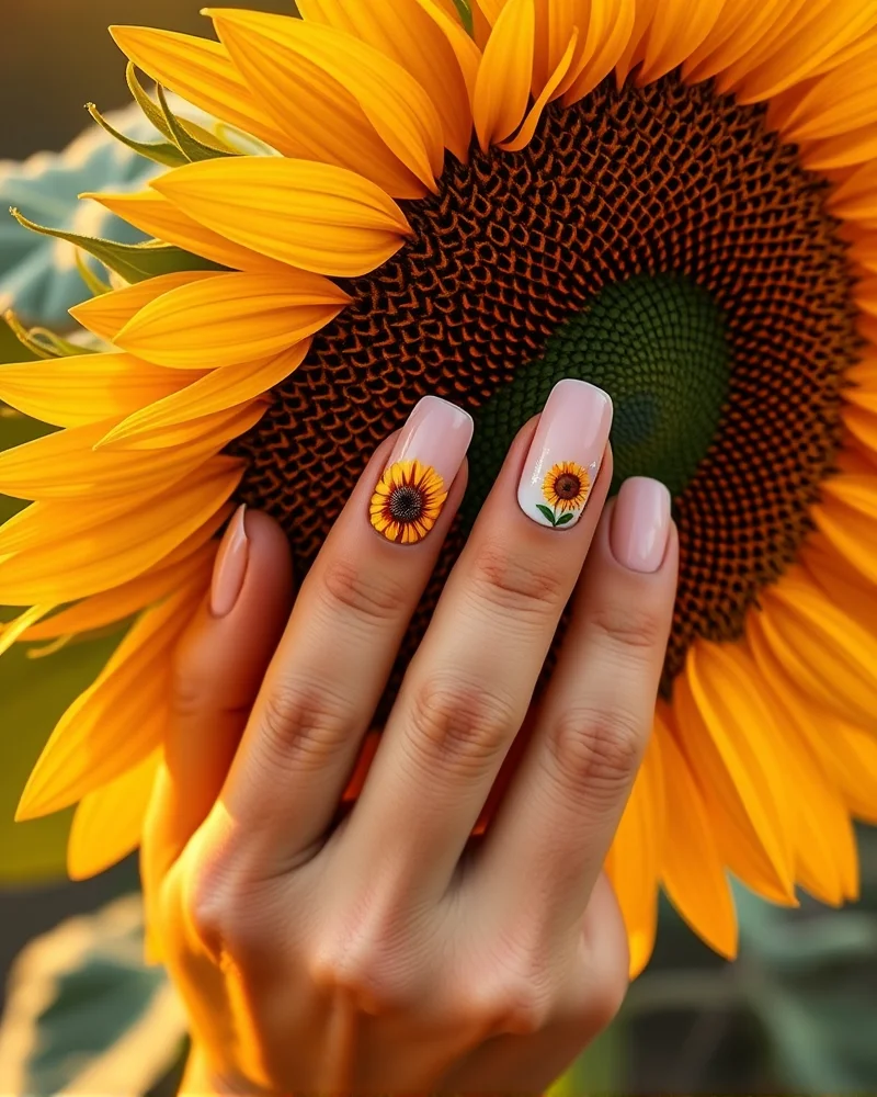 Fall Sunflower Nails 5 Comparison of hand painted sunflower nail art versus waterslide decals on fall manicure