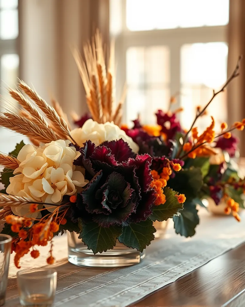A sophisticated autumn centerpiece featuring a hybrid of high-quality silk florals, fresh ornamental kale, and natural woody branches on a wooden dining table.