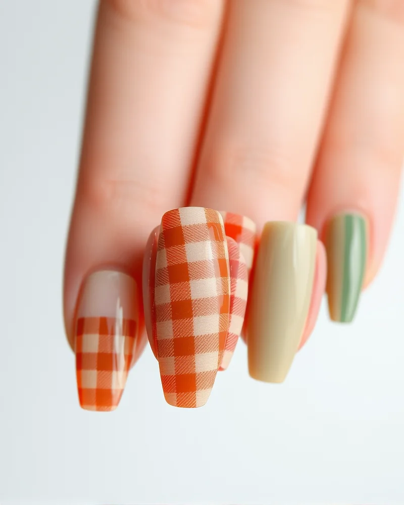 Fall Checkered Nails 4 Comparison of different nail shapes including square, almond, and coffin styles decorated with autumn themed checkerboard nail art.