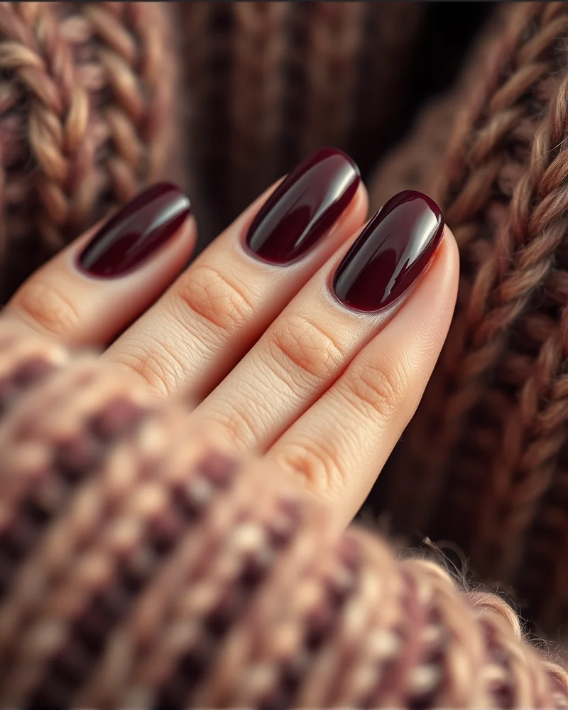 Fall Nails September 5 Close-up of almond-shaped nails with deep cherry dark polish on a cozy sweater, representing popular nail shapes 2024 and sophisticated autumn manicure aesthetic.
