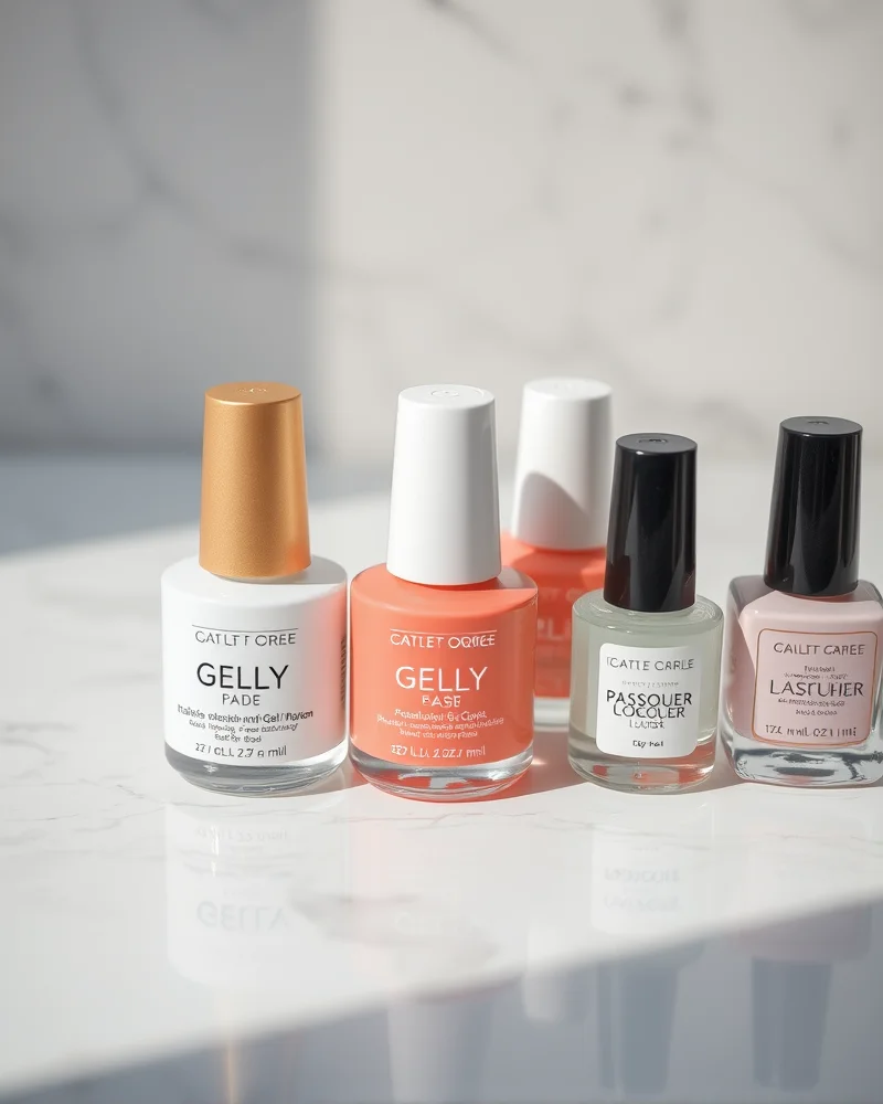 Early September Nails 5 A comparison of professional gel polish and high quality standard nail lacquer bottles for a September beauty article.