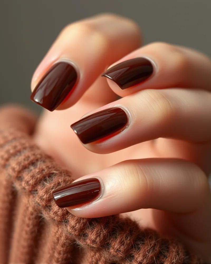 Different nail shapes including square, almond, and stiletto painted in various shades of dark brown polish for fall.