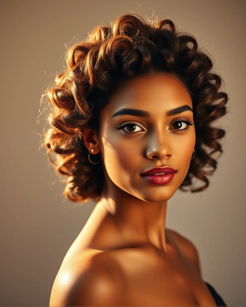 A close-up view of a sophisticated curly low bun hairstyle perfect for homecoming, featuring a voluminous bun base and soft face-framing curls.