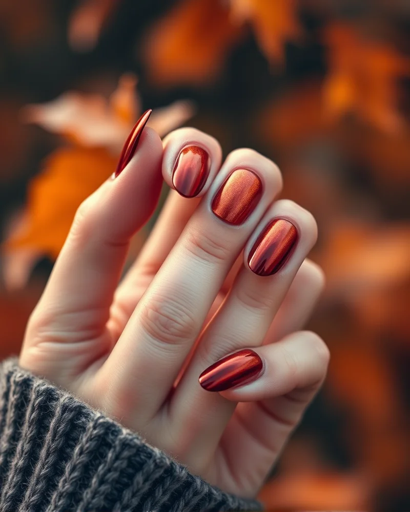 Fall Nails Inspo 2026 4 Close up of deep burgundy fall nails with a mirror chrome copper glazed finish, professional nail art technique for Autumn 2026.