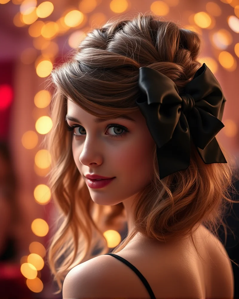 A close-up view of a half-up, half-down homecoming hairstyle featuring a large velvet bow and soft waves on a person with highlighted brown hair.