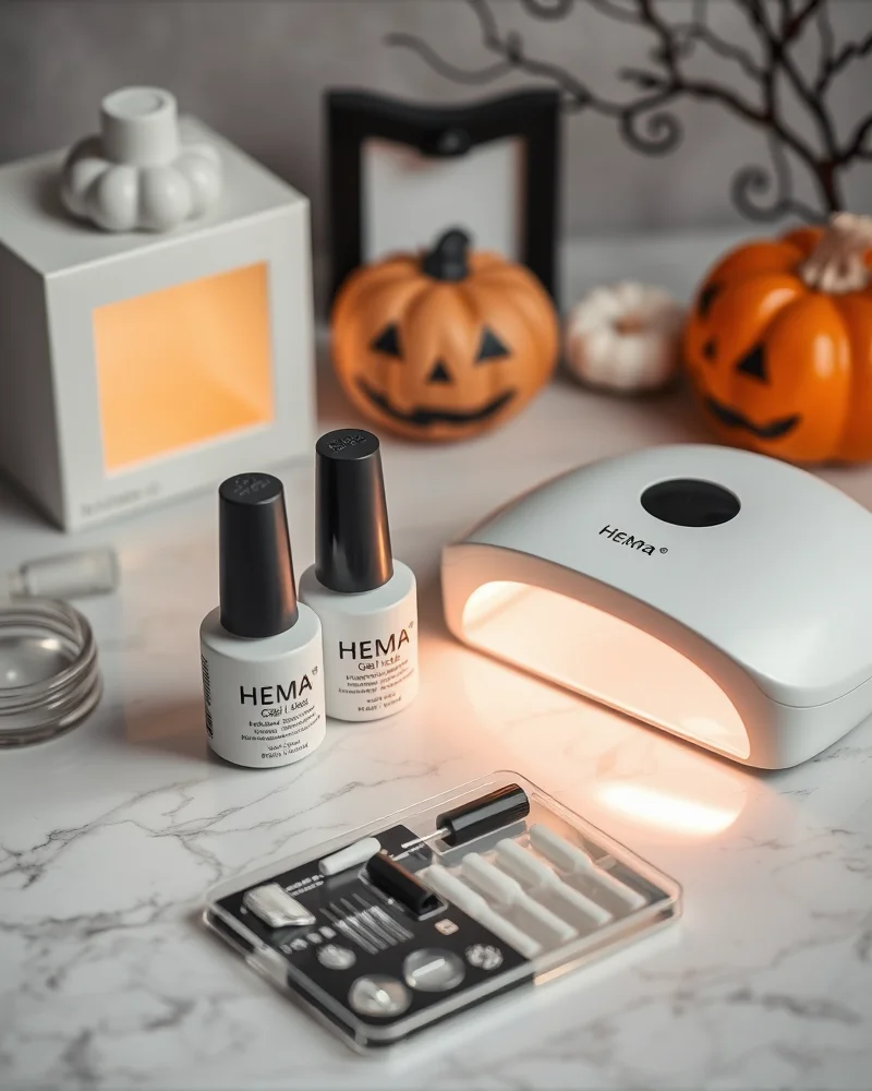 Trendy Halloween Nails 5 Professional DIY gel nail kit with HEMA-free polish and LED lamp for safe Halloween nail art