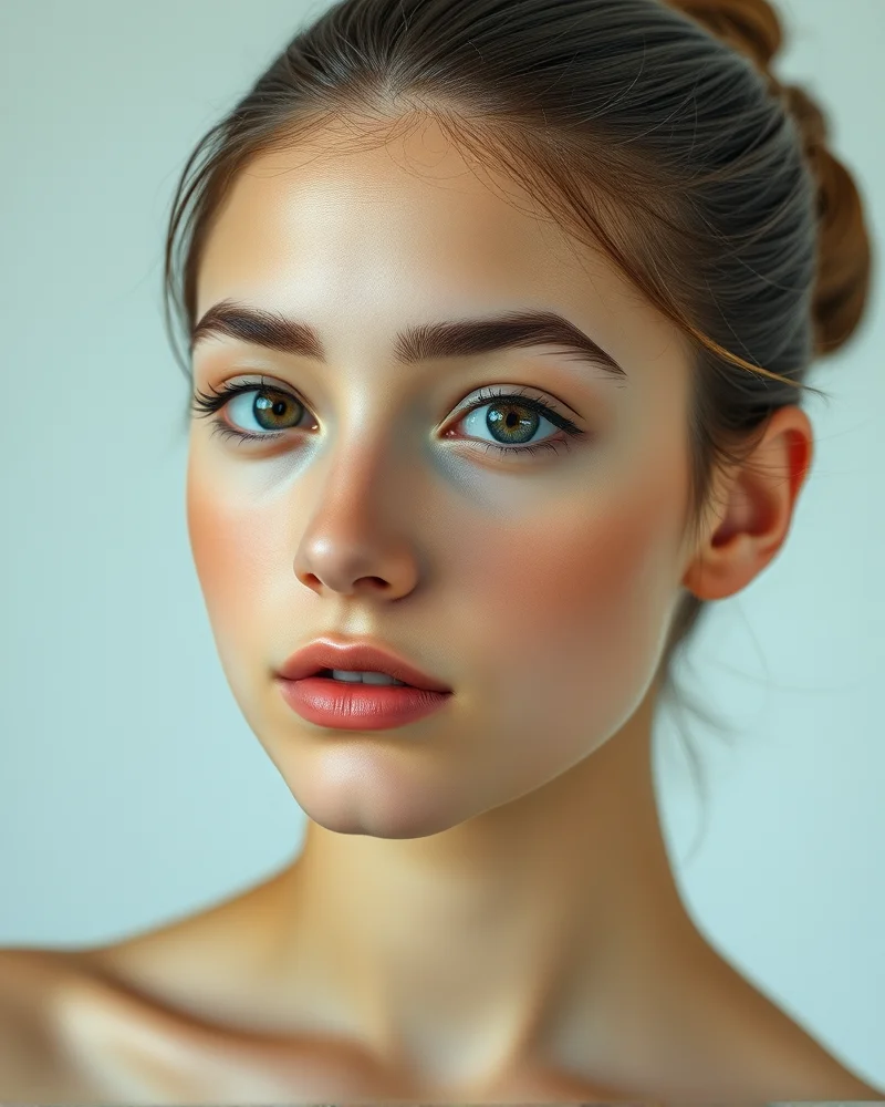 Close-up of a teen girl showcasing a clean girl aesthetic with dewy skin, feathered laminated brows, and a sleek hairstyle.