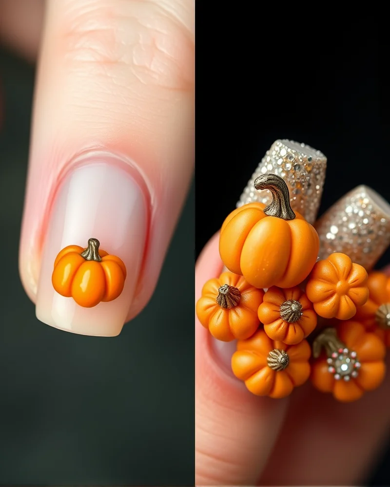 Fall Pumpkin Nail Designs 5 Comparison between minimalist pumpkin nail art with subtle accents and maximalist 3D harvest pumpkin nail designs.