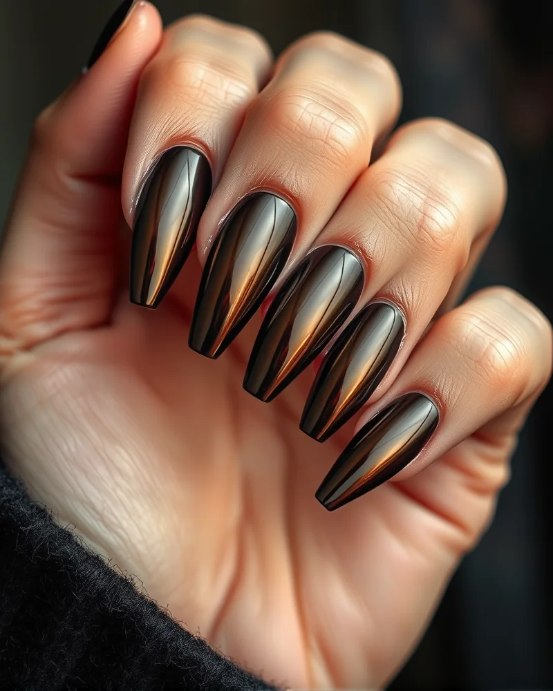 Liquid metal chrome nail art with a reflective mirror shine over an espresso brown base color, showcased on long almond-shaped nails for a fall fashion look.
