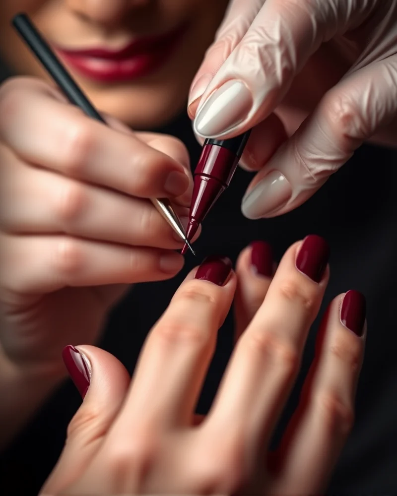 Fall Nails Red Burgundy 5 Close-up view of a professional manicurist applying deep red burgundy polish for a streak-free finish.
