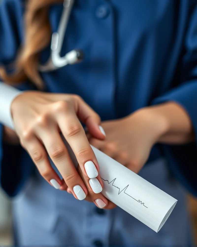 Close-up of white graduation nails featuring minimalist nursing-inspired heartbeat line art on a nursing student holding a diploma.
