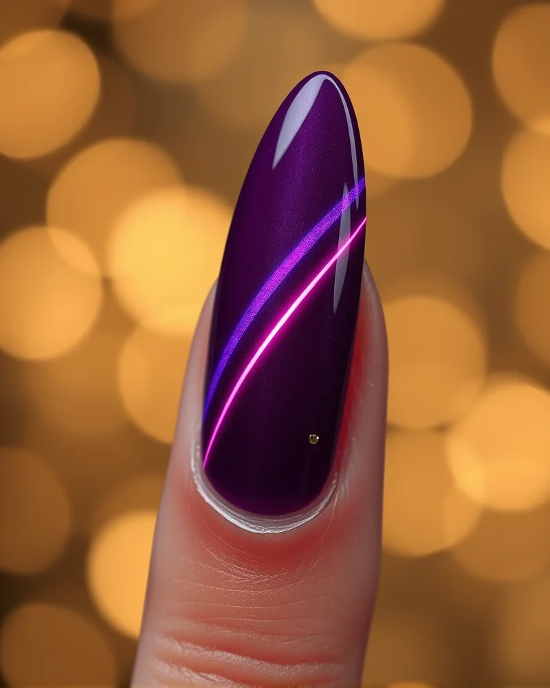 royal purple nails for winter gala 4 Long almond shaped nails with deep royal purple magnetic cat eye polish, gold leaf accents, and a single rhinestone, captured in elegant gala evening lighting.