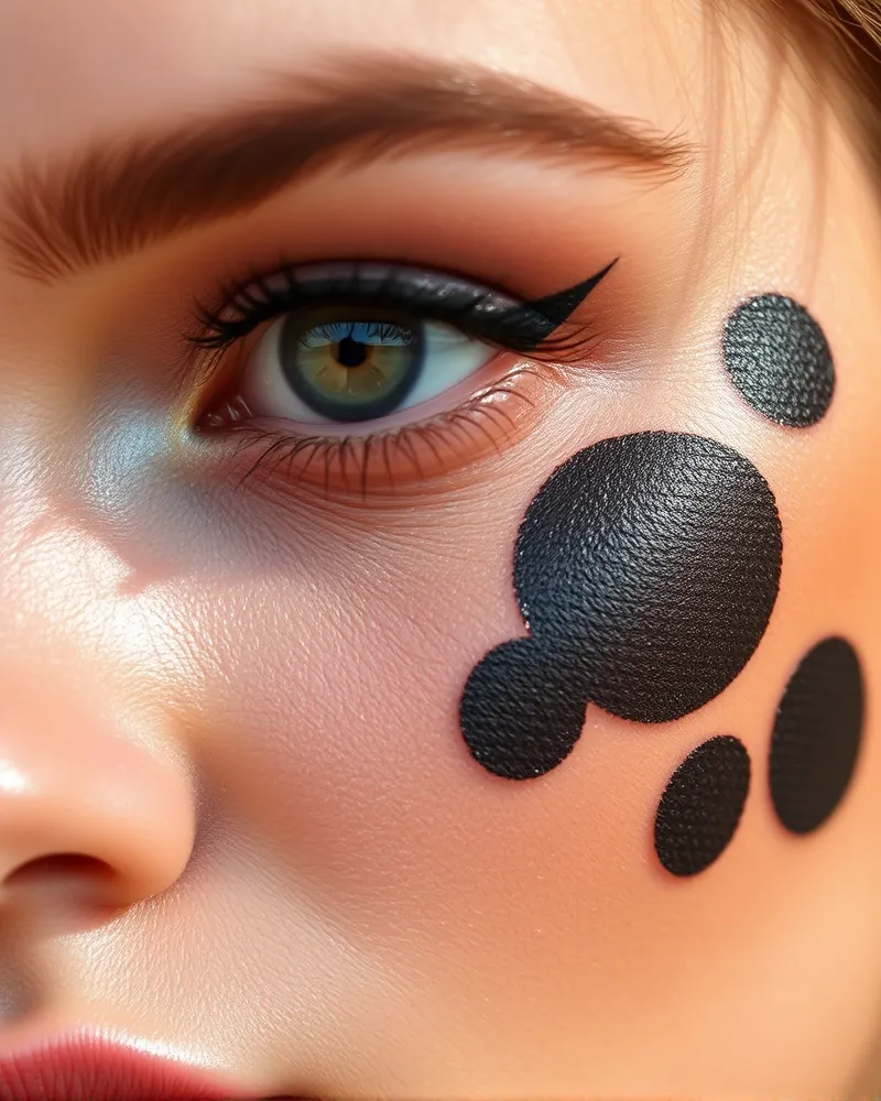 Editorial cow-inspired makeup spots created with blendable cream pigments and soft matte eyeshadows on glowing, sun-kissed skin at a music festival.