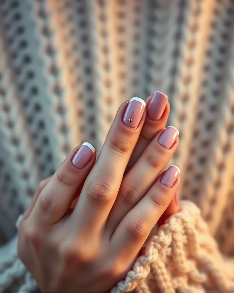 Fall Pink Nails 4 Close-up of elegant autumn pink nail art featuring glazed chrome finish, mauve French tips, and micro-dot nail designs on a person wearing a soft cable-knit sweater.