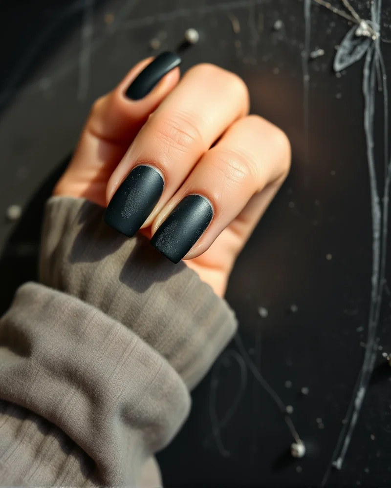 A close up view of a sophisticated matte chalkboard nail design featuring a realistic dusty finish on a woman's manicured hand.