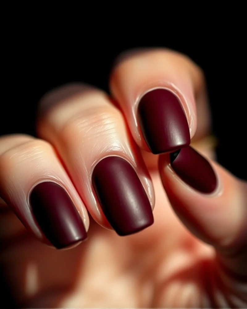 A close up view of professional fall nail art featuring a smooth velvet matte mahogany finish on short almond shaped nails, showcasing the soft texture and light absorbing properties of premium matte topcoat.