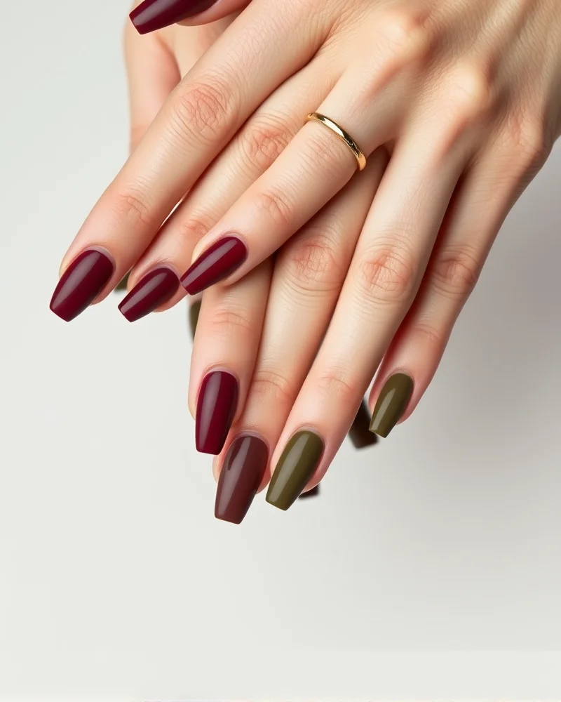 Comparison of almond and coffin nail shapes featuring deep autumn nail polish colors for a seasonal transition.