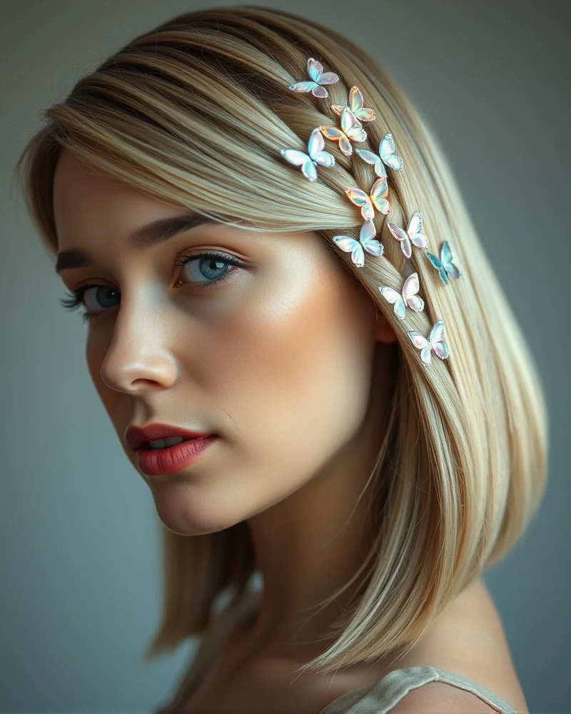 A close-up of a stylish short bob haircut featuring a half-up twist secured with multiple small, colorful butterfly hair clips in a professional salon setting.