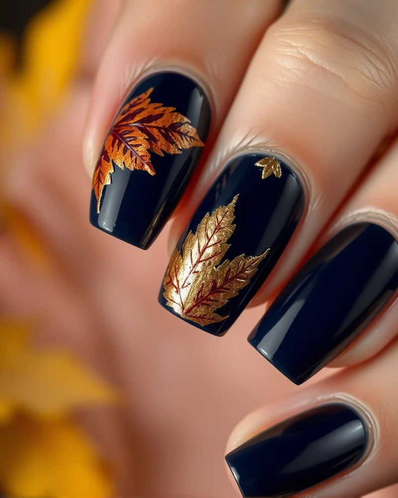 September 2026 Nails 6 Close up of sophisticated September 2026 nail art featuring pressed autumn leaves and gold foil on a dark blue base.
