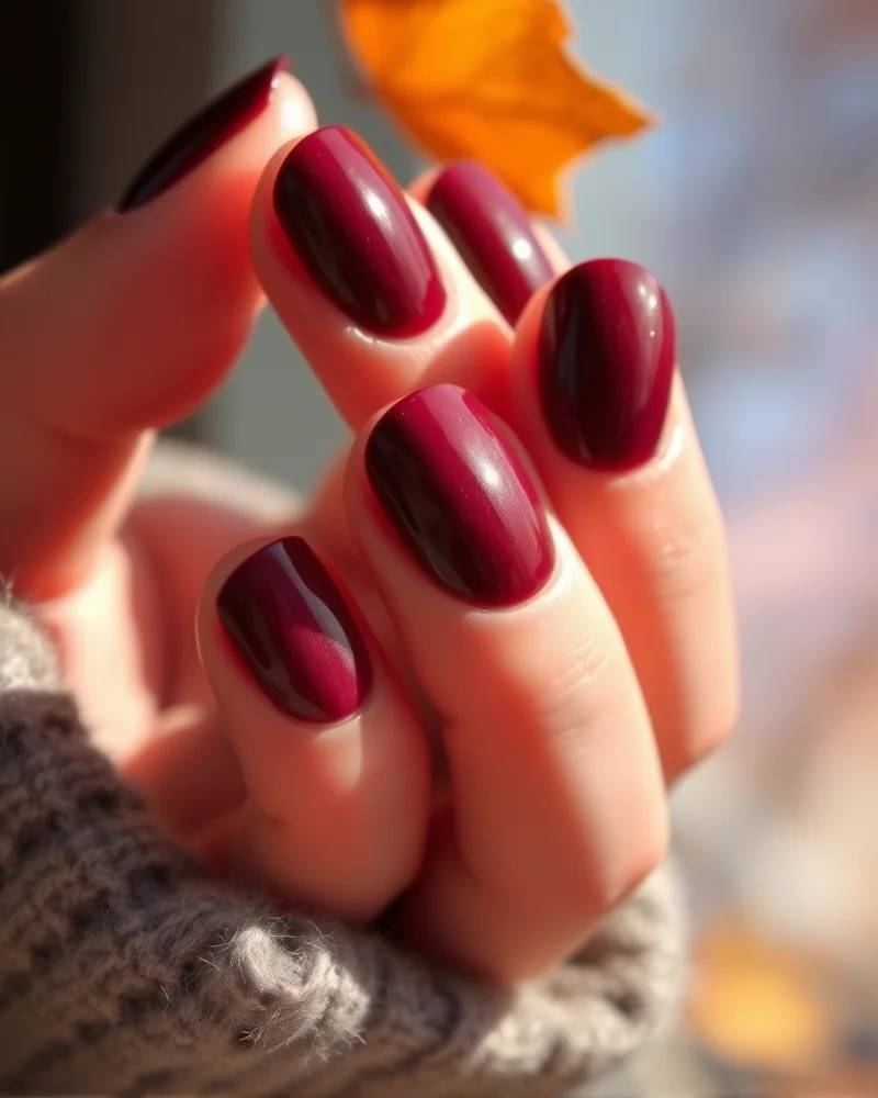 Fall Nail Colors 2026 5 Close up of high-gloss glass-finish manicure in deep burgundy reflecting autumn light